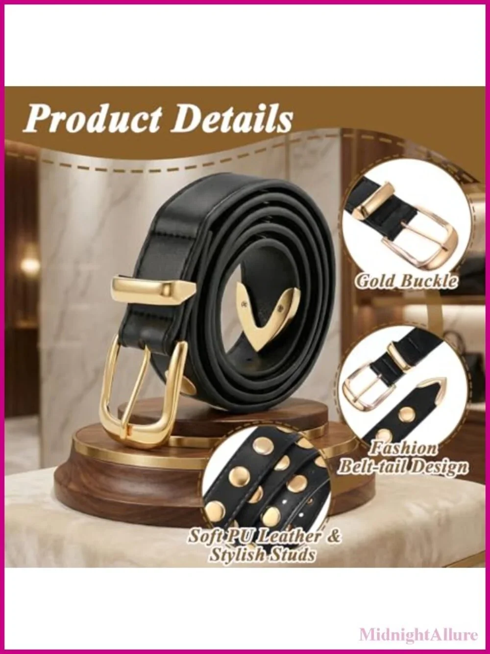 PU Leather Studded Belt with Gold Buckle for Women Jeans Dresses